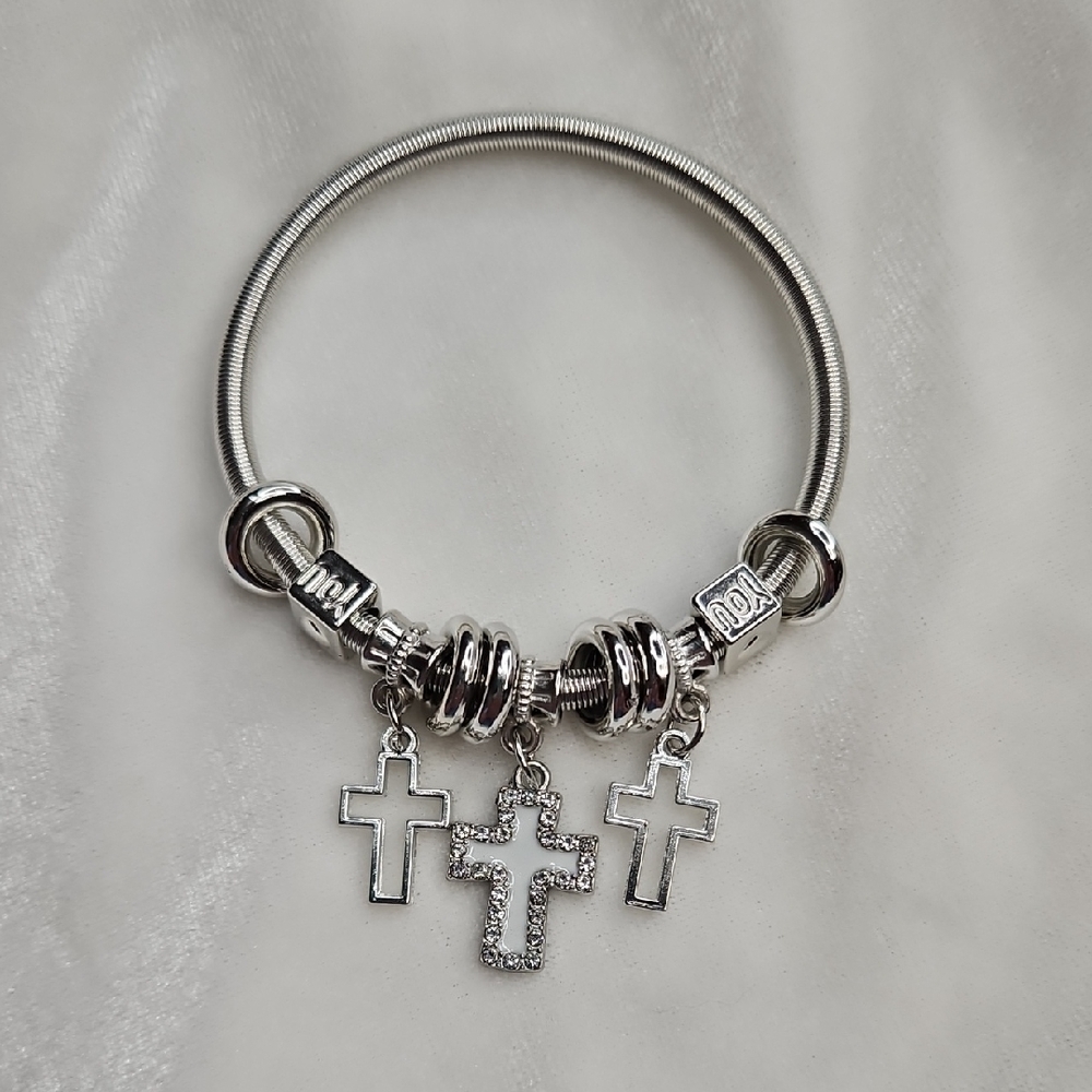 Ladies Stretch Silver Charm Bracelet White Cross Religious Rhinestones NWOT